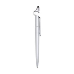 Caneta plástica com suporte para celular e touch screen. Carga esferográfica azul 1.0 mm e acionamento por rotação.