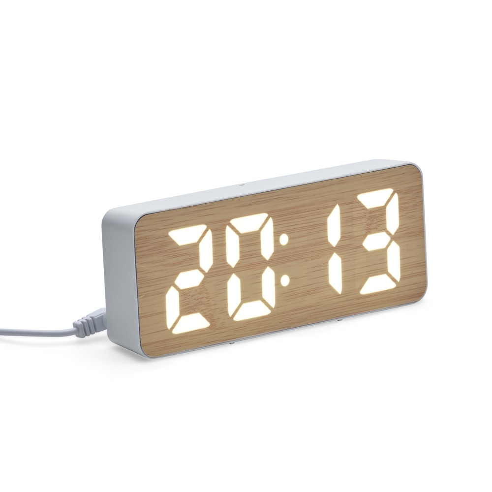 Relógio Despertador Plástico e Bambu Com Painel LED.